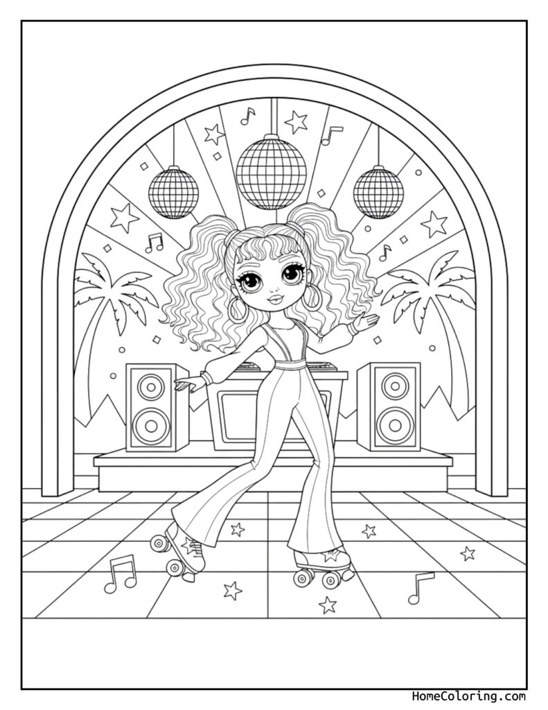 Barbie disco roller skating coloring page featuring a girl with curly hair in a jumpsuit roller skating, surrounded by a DJ setup, disco balls, musical notes, stars, and palm trees in an archway.