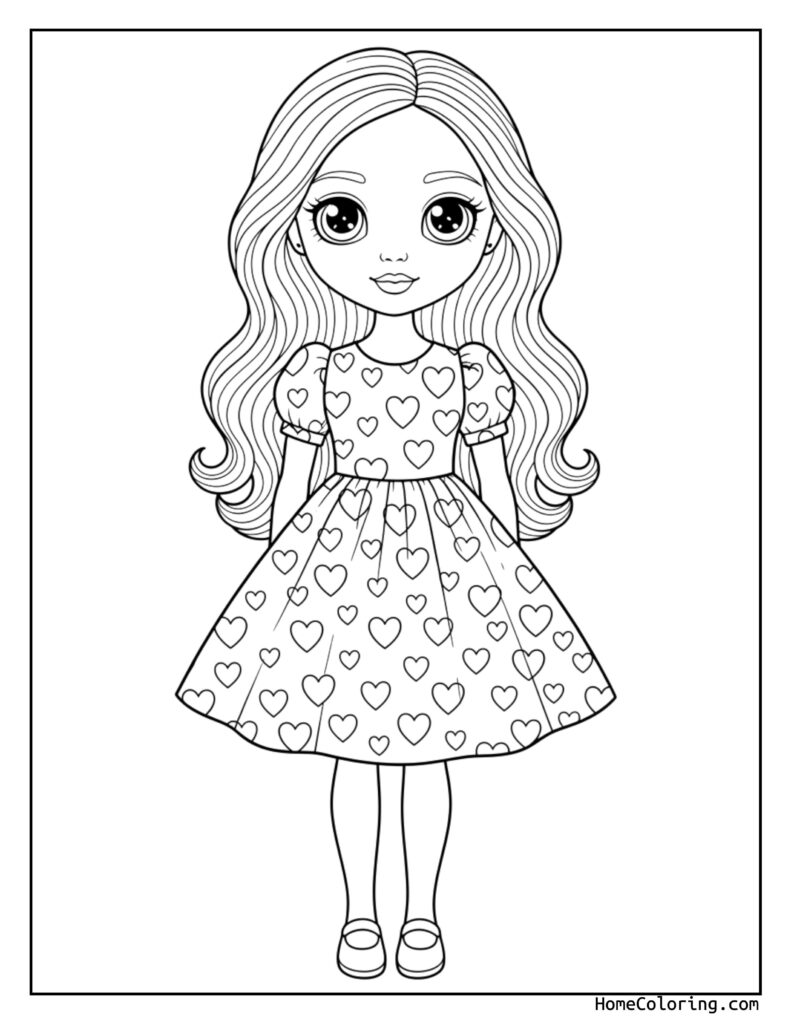 Barbie doll heart dress coloring page featuring a young girl with long wavy hair in a puffed-sleeve dress decorated with hearts, ballet-style shoes, and a cheerful smile.