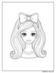 Barbie face big bow coloring page featuring a young girl with long wavy hair, a large bow on her head, expressive eyes, and a gentle smile in a line drawing.