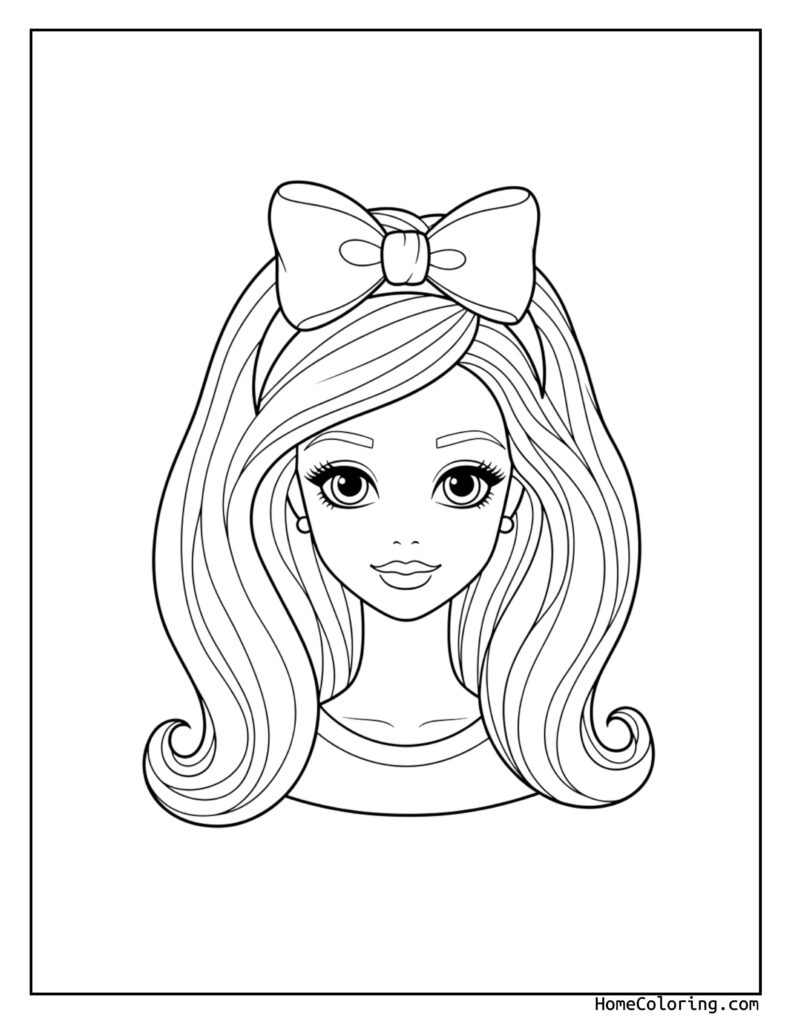 Barbie face big bow coloring page featuring a young girl with long wavy hair, a large bow on her head, expressive eyes, and a gentle smile in a line drawing.