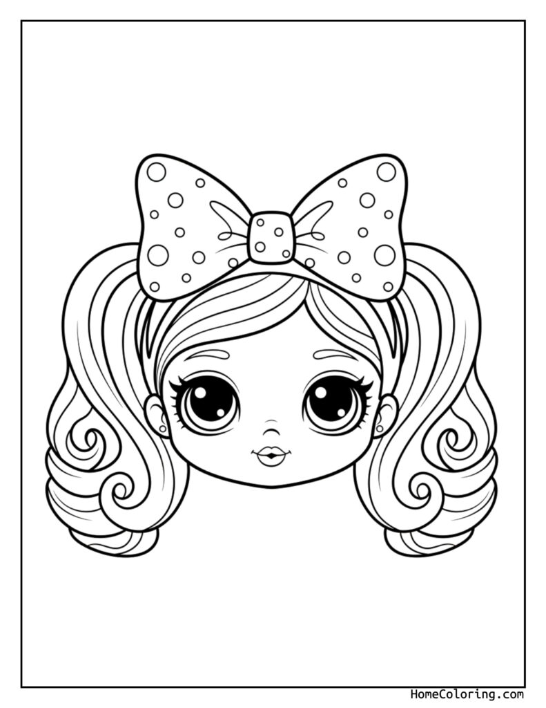 Barbie face with bow coloring page featuring a cartoon character with large expressive eyes, curly hair, and a dotted bow on top of the head.