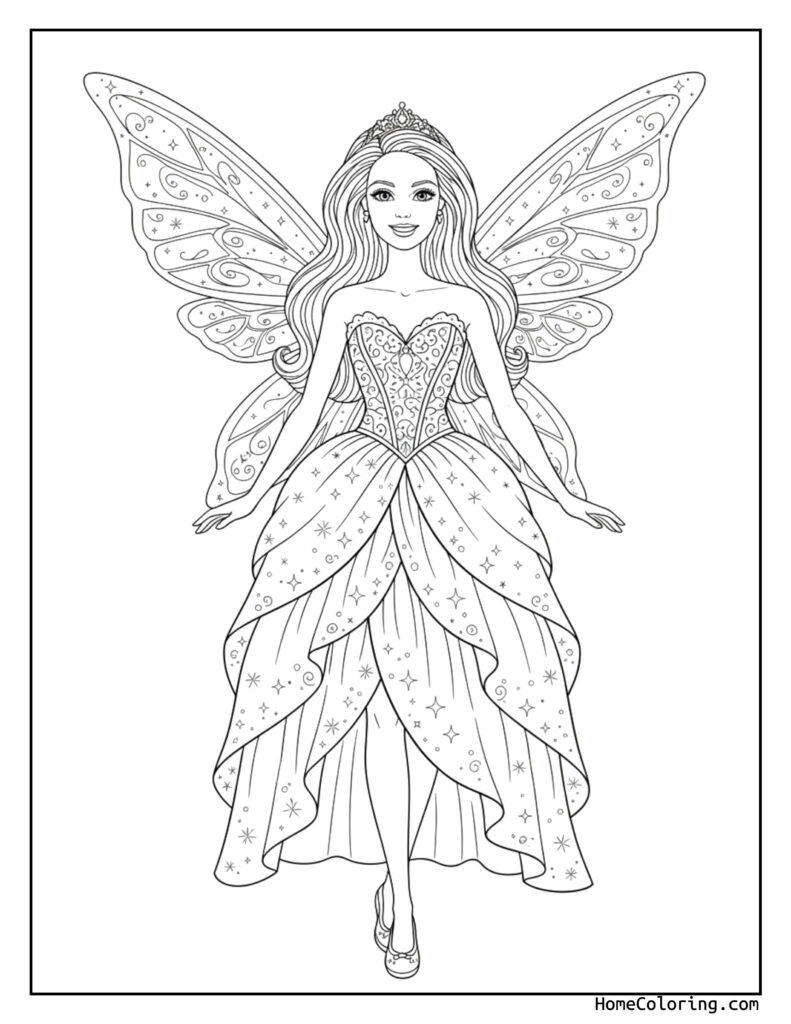 Barbie fairy coloring page featuring a detailed line drawing of a fairy with long flowing hair, an ornate dress, intricate wings, and a tiara.