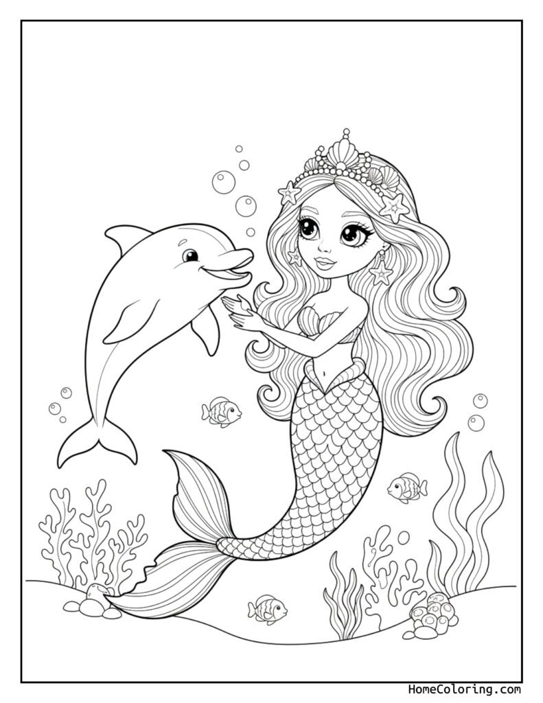 Barbie mermaid dolphin underwater coloring page showing a crowned mermaid with long hair playing with a dolphin, surrounded by coral, seaweed, fish, and bubbles.