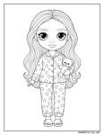 Barbie Pyjama mit Teddybär Ausmalbild: Mädchen im Sternen-Pyjama hält einen Teddybären, lange wellige Haare, Sandalen, weiße Hintergrund.
