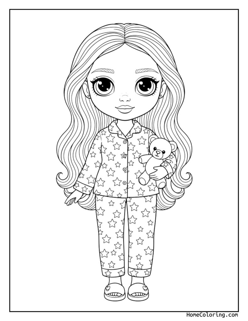 Barbie pajamas teddy bear coloring page featuring a young girl in star-patterned pajamas holding a teddy bear, with long wavy hair and sandals.