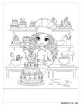 Barbie pastry chef baking cakes coloring page showing a woman in a chef's hat and apron decorating a multi-tiered cake with a piping bag, surrounded by baking tools and ingredients in a kitchen.