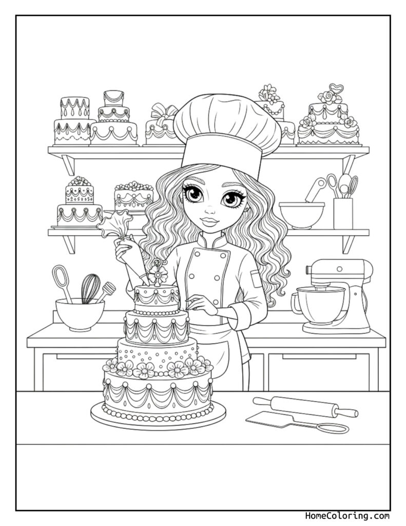 Barbie pastry chef baking cakes coloring page showing a woman in a chef's hat and apron decorating a multi-tiered cake with a piping bag, surrounded by baking tools and ingredients in a kitchen.