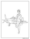 Barbie pilot airplane coloring page showing a woman in a pilot uniform with cap and goggles standing next to a small propeller airplane ready for coloring.