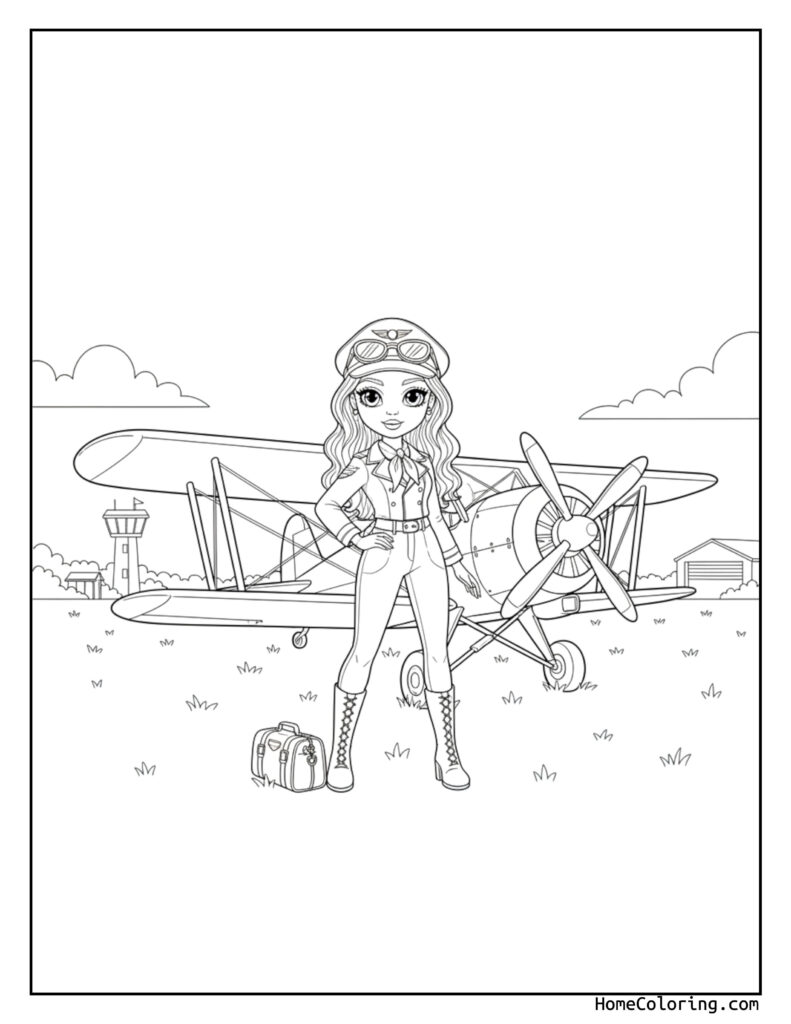 Barbie pilot biplane airport coloring page featuring a female aviator in a vintage outfit standing by a biplane at an airport with a control tower and clouds