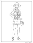 barbie exploradora de safari en dibujo para colorear, niña con sombrero de safari, chaleco utilitario, botas altas, binoculares y cámara, sonriendo en aventura de vida silvestre