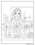 coloriage barbie scientifique dans un laboratoire de chimie, entourée d'éprouvettes, de béchers, de fioles et de becs Bunsen, tenant une éprouvette avec un liquide, portant une blouse de laboratoire et prête à faire une expérience.