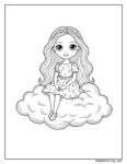 Barbie auf Wolke Ausmalbild: Mädchen mit langem, welligem Haar und Sternen-Haarreif sitzt auf einer flauschigen Wolke, verziert mit Sternen und Monden.