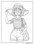 Barbie Sommer Mode Hut Ausmalbild: Eine stilvolle Frau mit Sonnenbrille, breitkrempigem Hut mit Blume und gemustertem Band, gemustertem Oberteil, Shorts und einer Tasche mit geometrischen Designs.