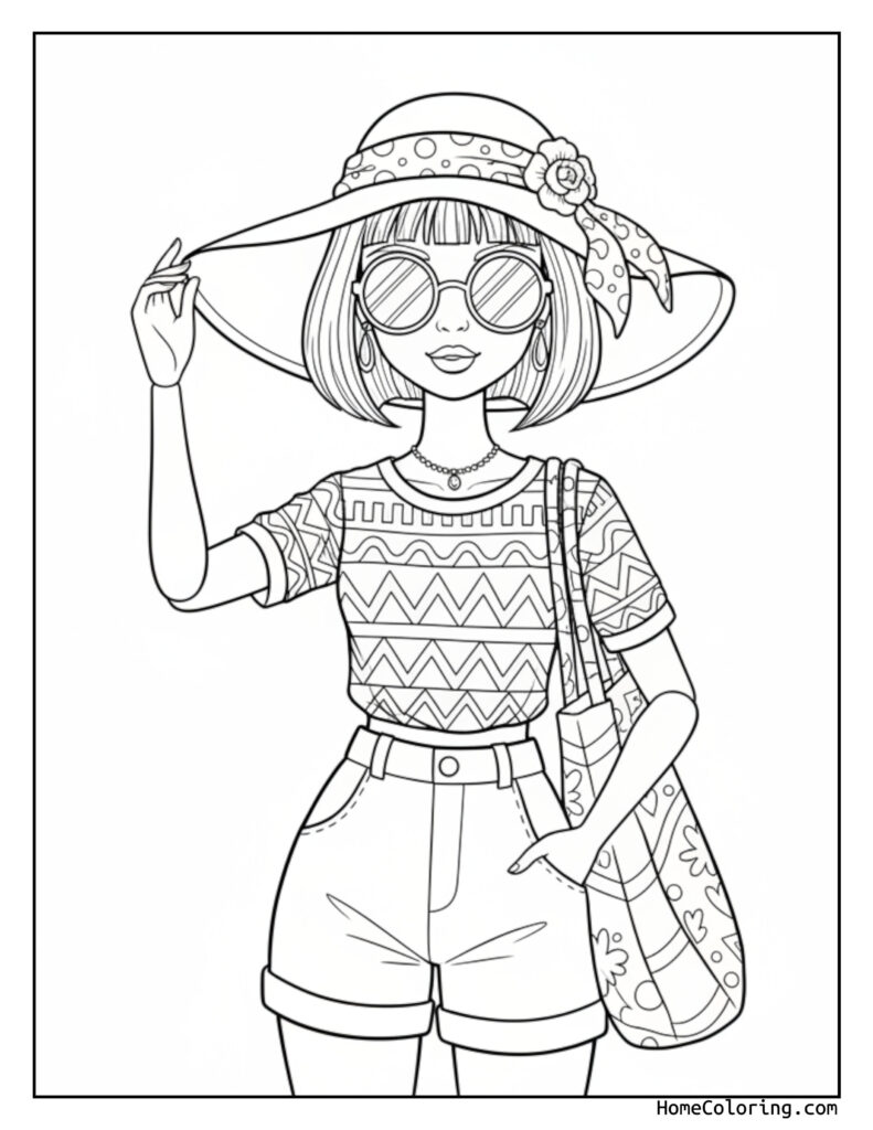 Barbie summer fashion hat coloring page featuring a stylish woman in a wide-brimmed hat with a flower, sunglasses, patterned top, shorts, belt, and handbag.