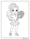 barbie joueuse de tennis page à colorier représentant une jeune fille avec une raquette, cheveux longs en queue-de-cheval, polo, jupe plissée et baskets, prête à jouer