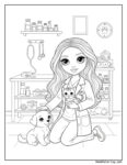 Barbie veterinarian pet doctor coloring page showing a kind woman kneeling to pet a puppy and hold a kitten in a cozy vet clinic with medicine bottles and a stethoscope.