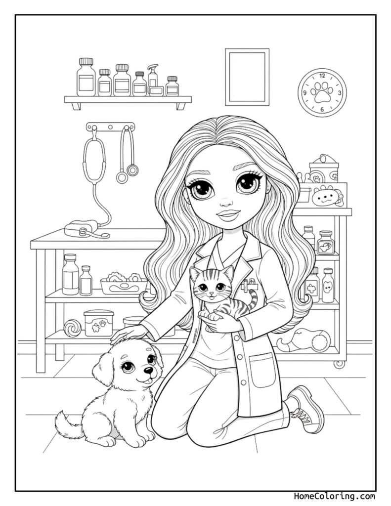 Barbie veterinarian pet doctor coloring page showing a kind woman kneeling to pet a puppy and hold a kitten in a cozy vet clinic with medicine bottles and a stethoscope.