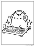 DJ Pusheen Ausmalbilder: Eine niedliche Katze mit Kopfhörern, die an einem DJ-Pult mit Schallwellen und Musiknoten auflegt.