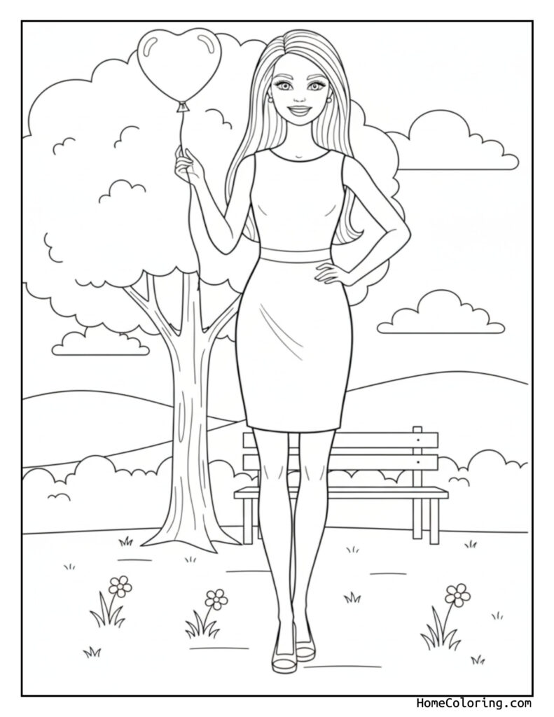 Free coloring page Barbie featuring a stylish woman in a knee-length dress and high heels, holding a heart-shaped balloon outdoors with trees, flowers, and a bench.