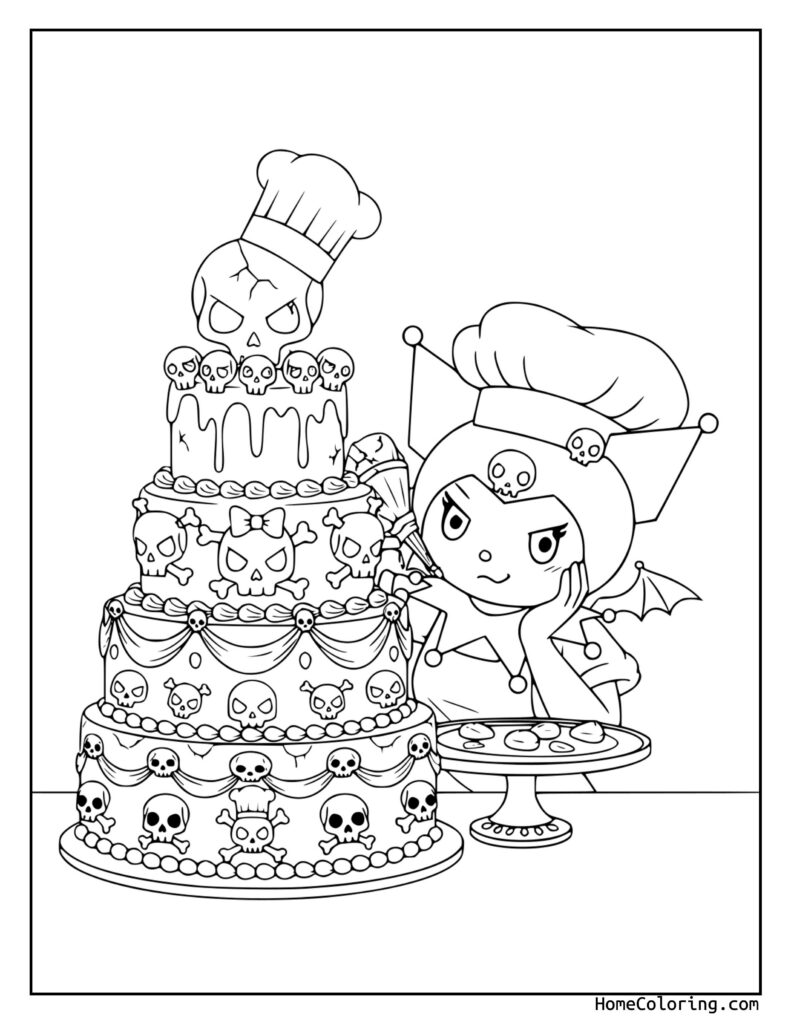 Kuromi darmowe kolorowanki: czarno-biała scena Halloween z ciastem, czaszką kucharza i postacią z batem trzymającą babeczki