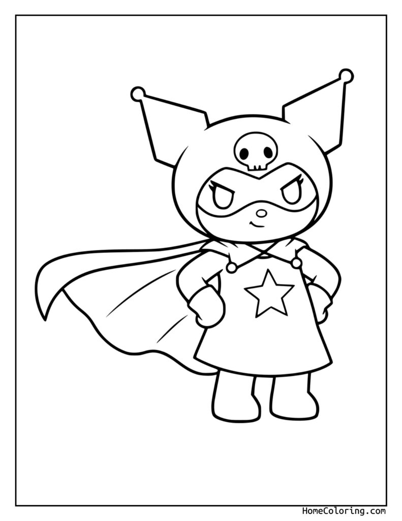 Super-kuromi kolorowanka: czarno-biały rysunek superbohatera z maską czaszki, uszami nietoperza, peleryną i gwiazdą na piersi.