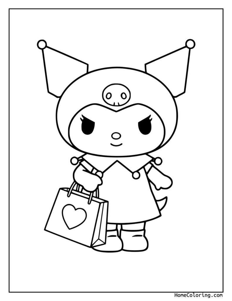 Kolorowanka Kuromi przedstawia uśmiechniętą kosmiczną postać z dużymi oczami, antenowymi uszami, trzymającą torbę z sercem.