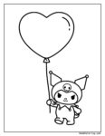 Cute Kuromi Coloring Sheets with a devil‑horned cartoon character holding a heart balloon, wings and skull hat, to color.