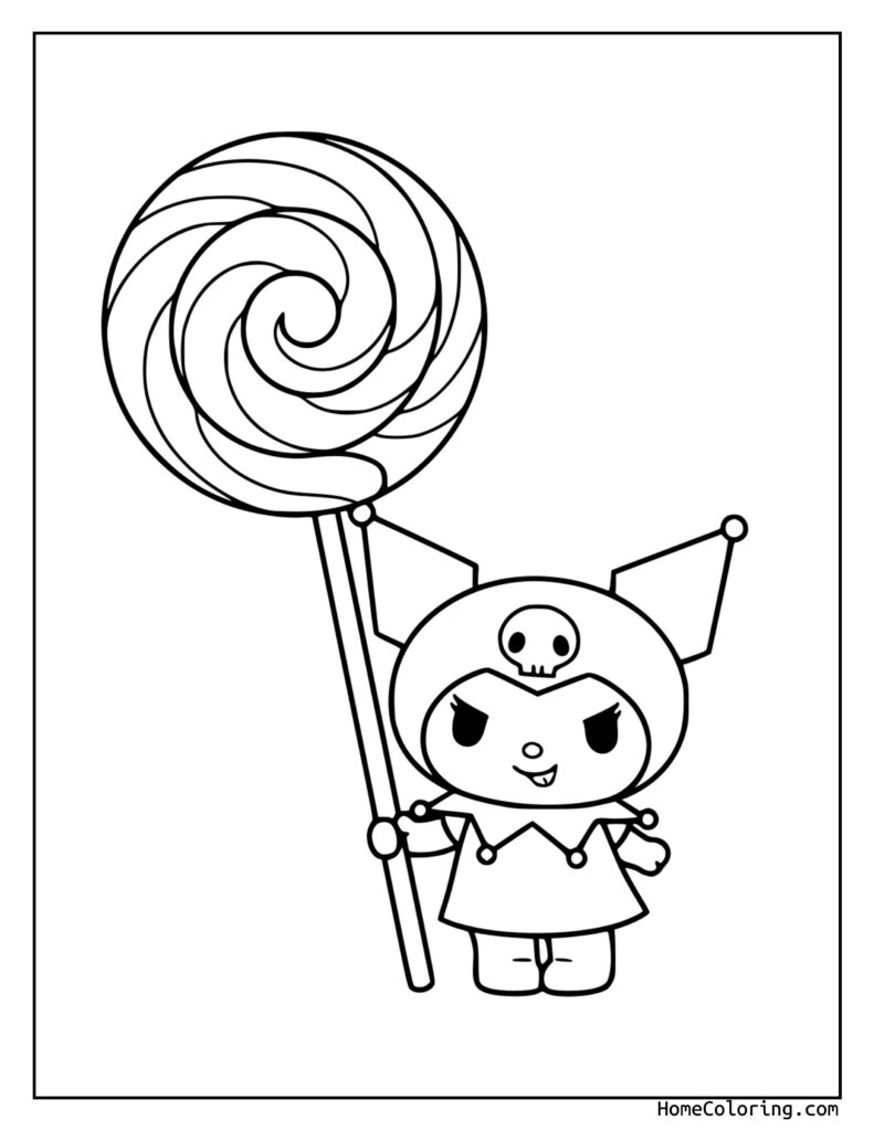 Darmowa Kuromi kolorowanka: czarno-biały rysunek postaci Kuromi w kapeluszu ze szkieletem, trzymającej spiralny lizak