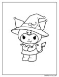 Free Kuromi coloring pages for kids showing a witch-like character with pointed hat, skull, crescent moon, star, wand, tail.