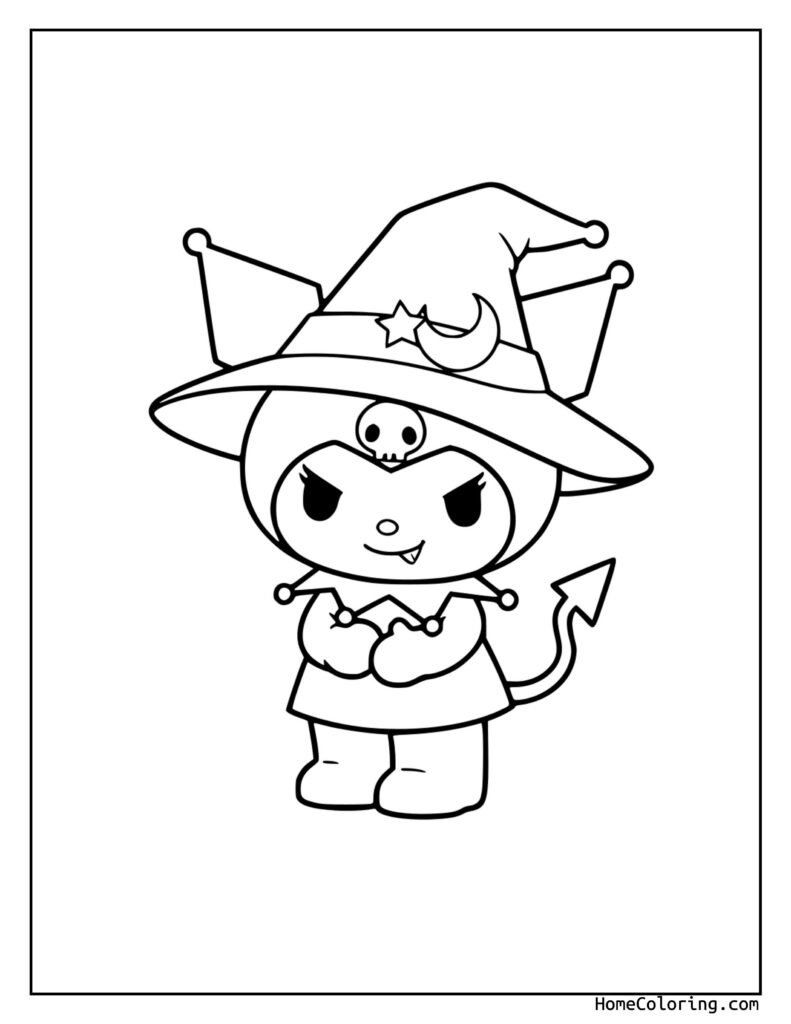 Darmowe kolorowanki Kuromi dla dzieci – czarownica w dużym spiczastym kapeluszu z gwiazdą i księżycem, w pelerynie, trzyma różdżkę