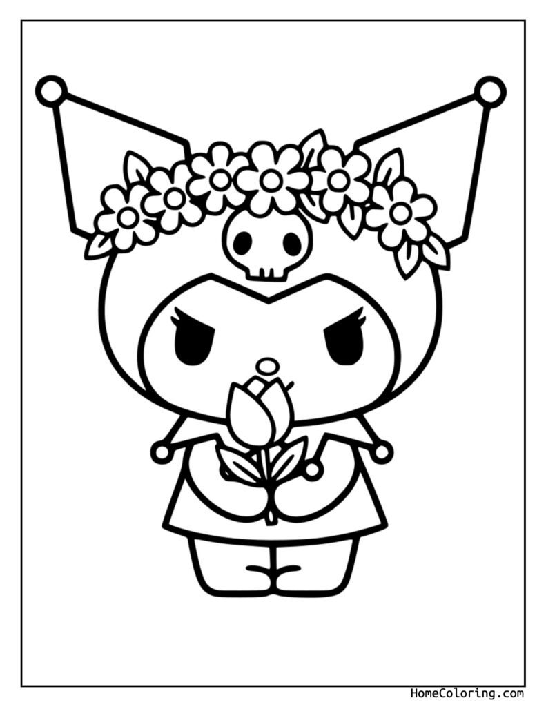 Urocza Kuromi kolorowanki darmowe – czarno-biały rysunek postaci z okrągłą głową, dużymi oczami, kwiatową sukienką i czaszką we włosach