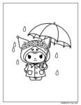 Kuromi libro para colorear muestra a Kuromi con corona de flores, impermeable y paraguas bajo la lluvia, listo para colorear.