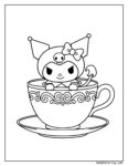 Kuromi kolorowanka pdf – mała chuda postać z koroną i kokardą siedzi w ozdobnej filiżance, z czaszką na piersi
