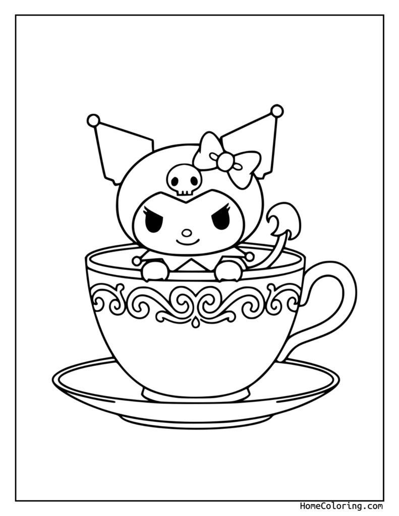 Kuromi kolorowanka pdf – mała chuda postać z koroną i kokardą siedzi w ozdobnej filiżance, z czaszką na piersi