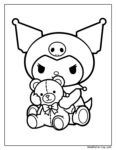 Kuromi coloring page of a round monster with big eyes, antennae, ears and a smiling teddy bear wearing a bow.