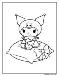 Kuromi coloring pages printable showing a cute spider‑insect with big eyes, skull forehead, bow tie, sitting on a pillow.
