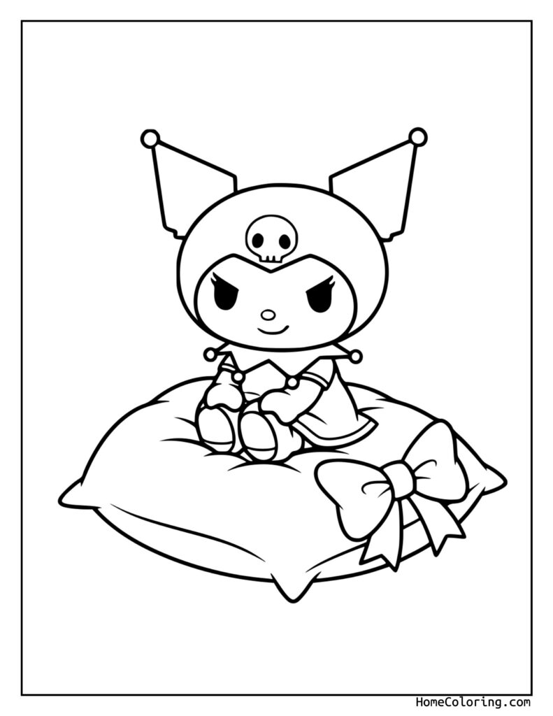 Kuromi kolorowanka do druku: czarno-biały rysunek modliszki z dużymi oczami, kulistą głową, antenami, symbolem czaszki i kokardą