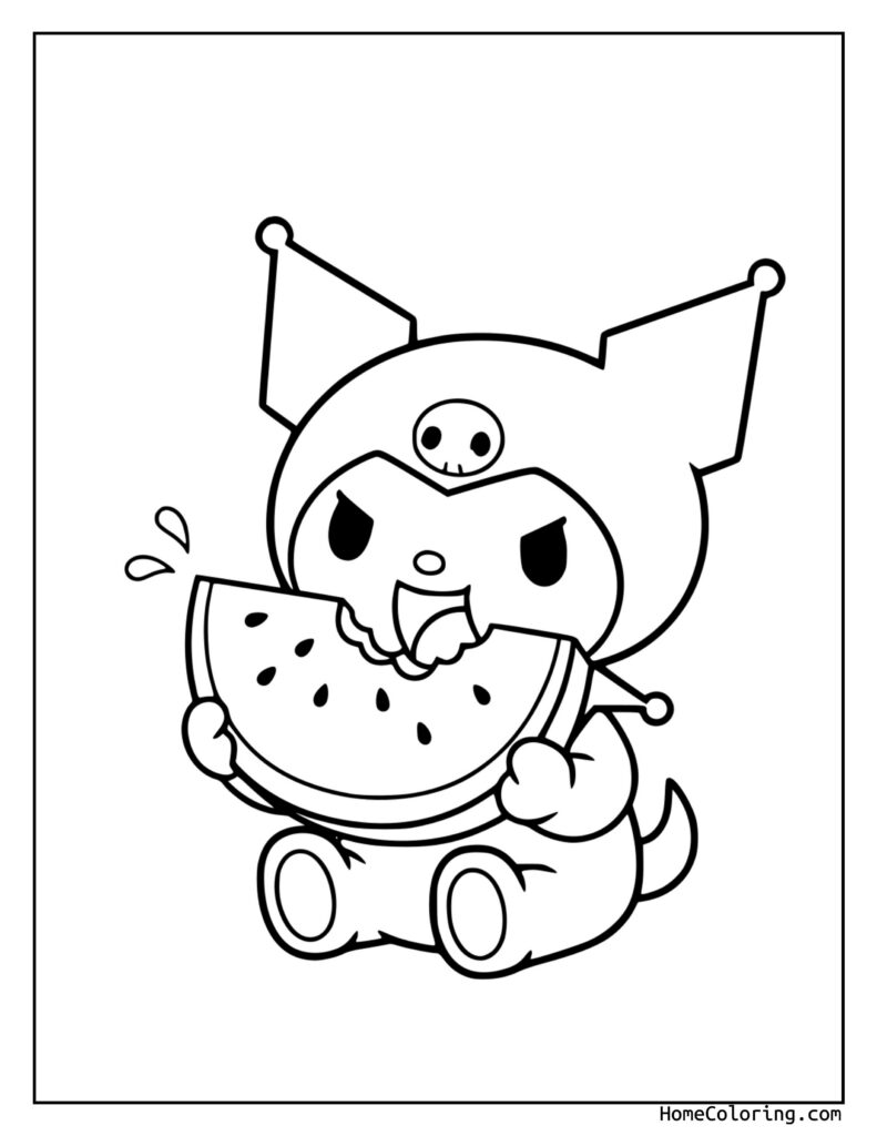 Kuromi jedząca arbuz kolorowanka: czarno-biały rysunek kota-pojazdu z dużymi oczami, uszami i trzymającym plaster arbuza.