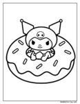 Kuromi en una dona página para colorear: donut sonriente con glaseado y chispas, fantasma pequeño con corona sobre el agujero.