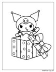 Page de coloriage kuromi dans boîte cadeau, personnage mignon avec tête de crâne, ailes et petite boîte décorée.