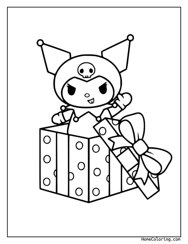 Kuromi w pudelku prezentowym, postać z koroną, rogami, małą czaszką i dużym ozdobnym pudełkiem prezentowym