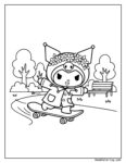 Kuromi en patineta página para colorear: personaje con corona de flores, calavera, patineta, parque con árboles y nubes