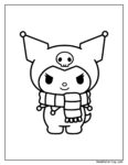 Kuromi Winter Outfit coloring page of a figure with skull hat, striped shirt, shorts, raised arms and smiling mouth.