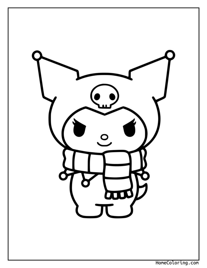 Kuromi zimowy strój kolorowanka: szkielet w paskowanej koszuli i szortach, z słuchawkami, uśmiechniętą twarzą, do pokolorowania.