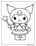 Kuromi avec baguette magique coloriage robot robe à volants tenant une baguette étoile, yeux grands, antennes, bouton poitrine