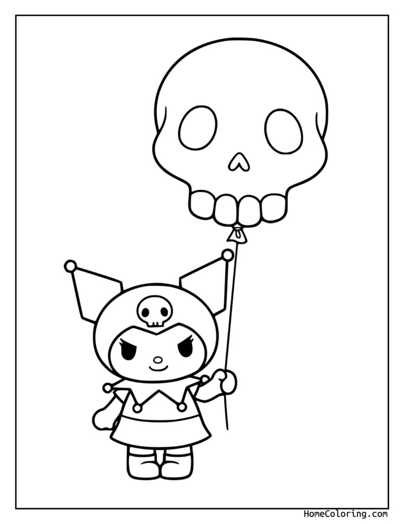 Kuromi z różową czaszką kolorowanka: mała postać z rogami i sukienką trzyma sznurek balonu w kształcie czaszki