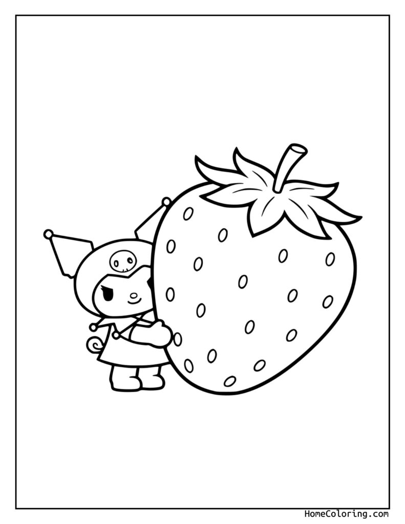 Kuromi z truskawką kolorowanka: stworzonko z dużym uchem, jednym okiem, w kapeluszu z piórem, trzyma truskawkę z liściem