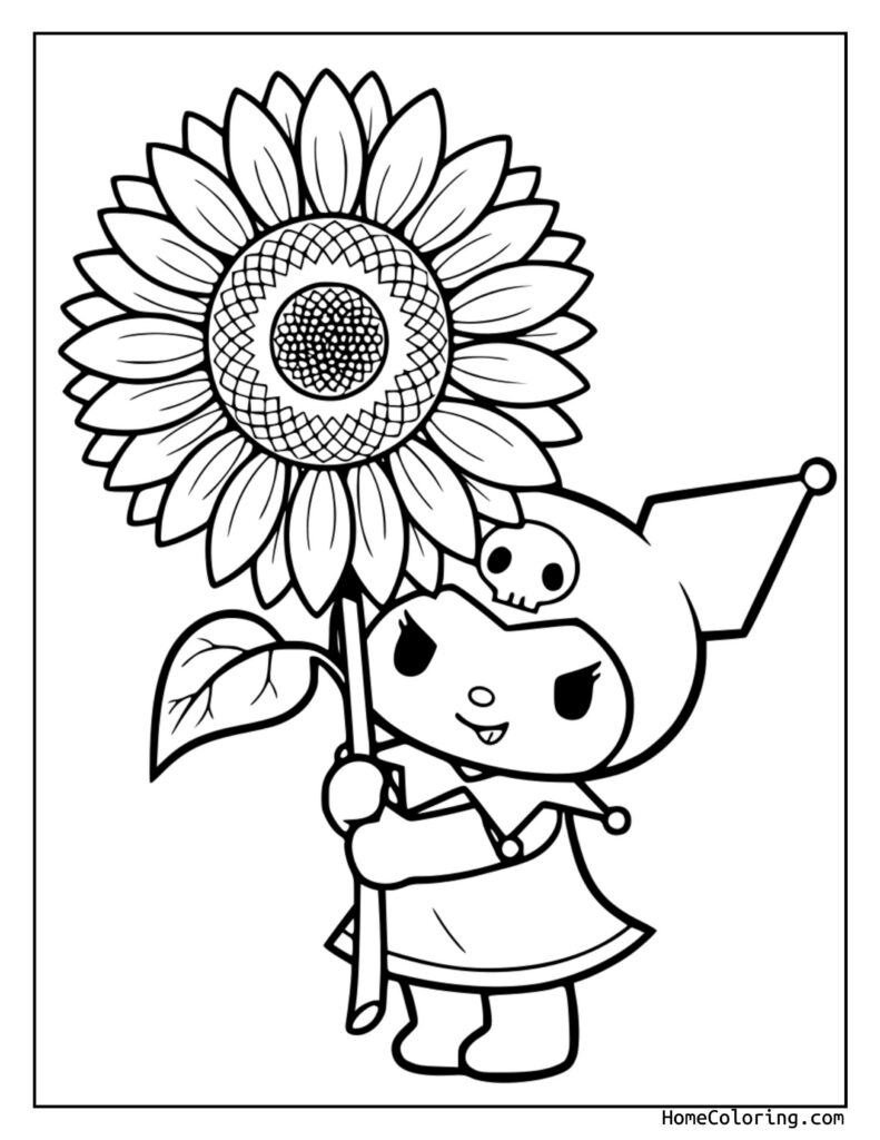 Kuromi ze słonecznikiem kolorowanka: Kuromi trzyma duży słonecznik, na plecach szkielet, w ręce kulkę, scena do pokolorowania