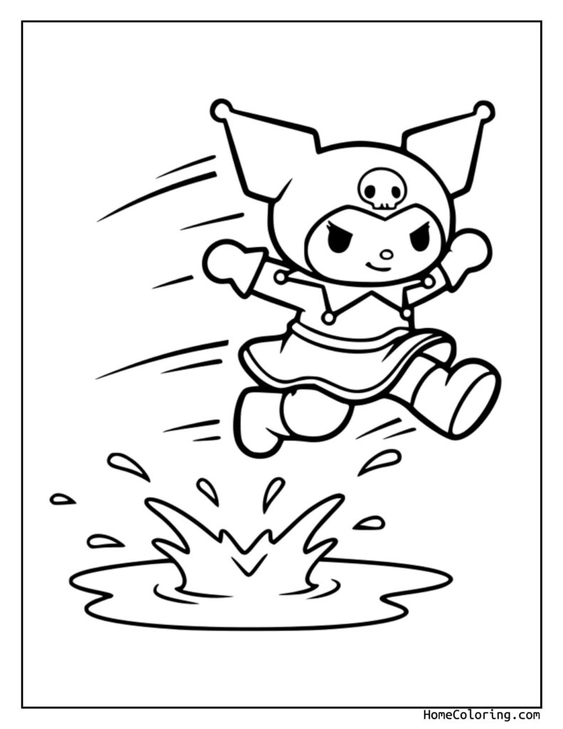 Prosta Kuromi kolorowanka: rysunek chibi superbohatera z rogami, czaszką na klatce, peleryną, w dynamicznej pozie.