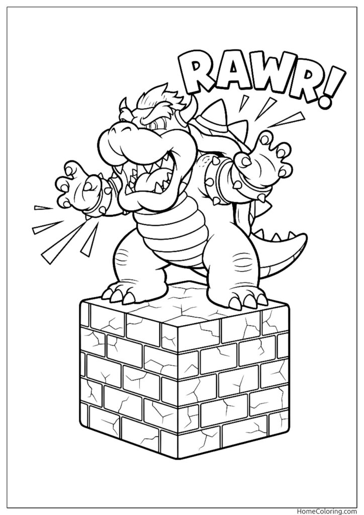 Dibujo de Bowser para colorear, el temible antagonista de Super Mario rugiendo sobre un bloque de ladrillos.